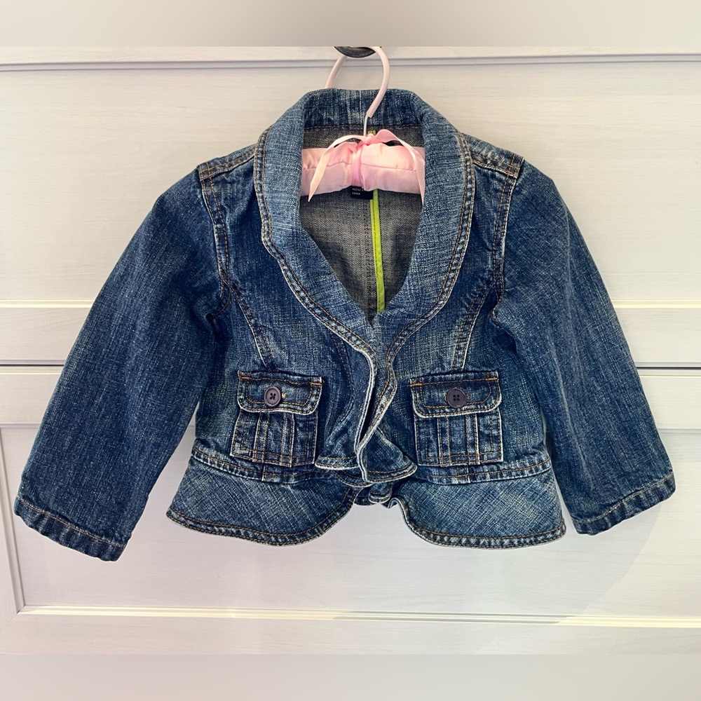 DKNY Kids Blue Jean Denim Jacket with Blazer Style and Ruffled Hem